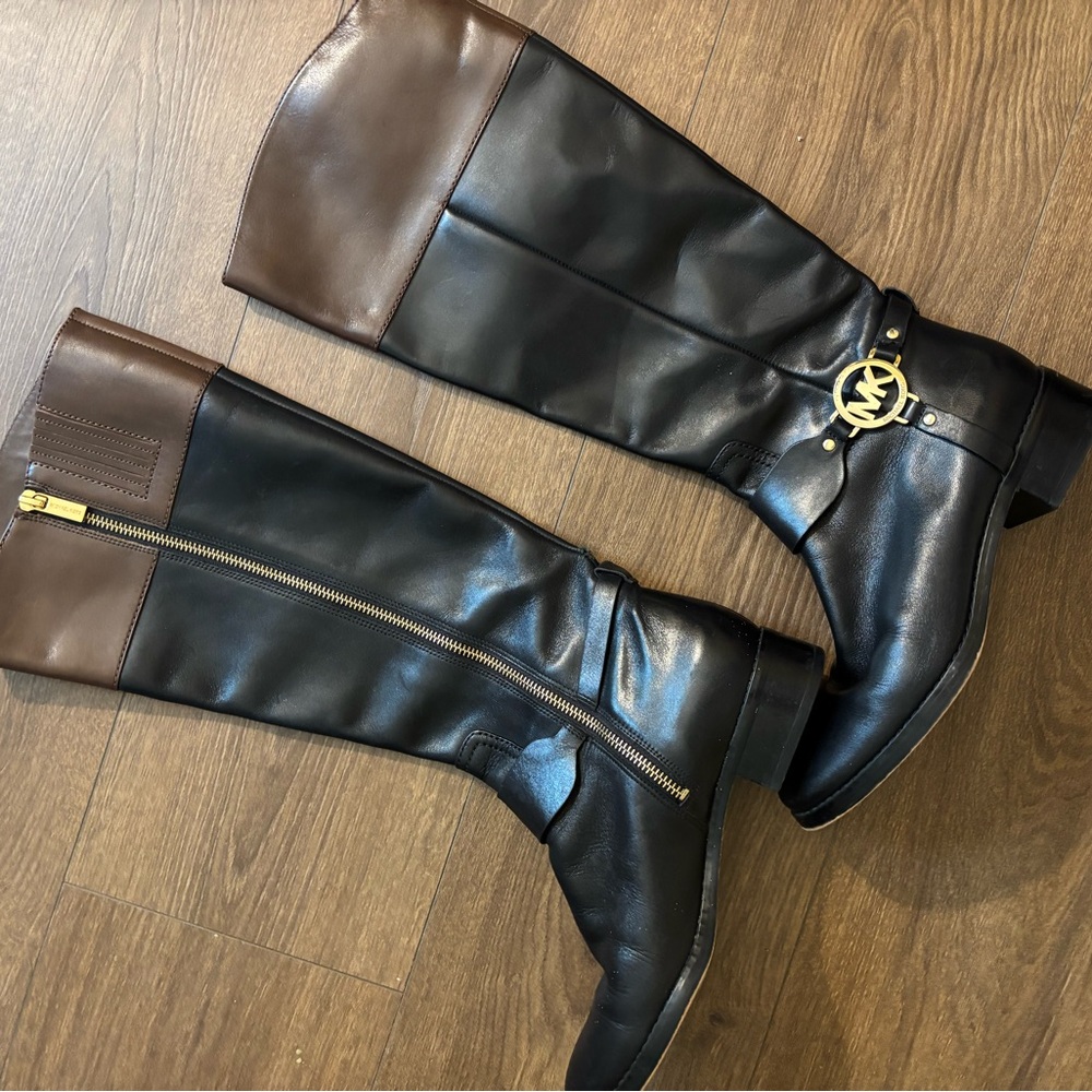 Black and Brown Knee-High Boots with Gold Accent MICHAEL KORS